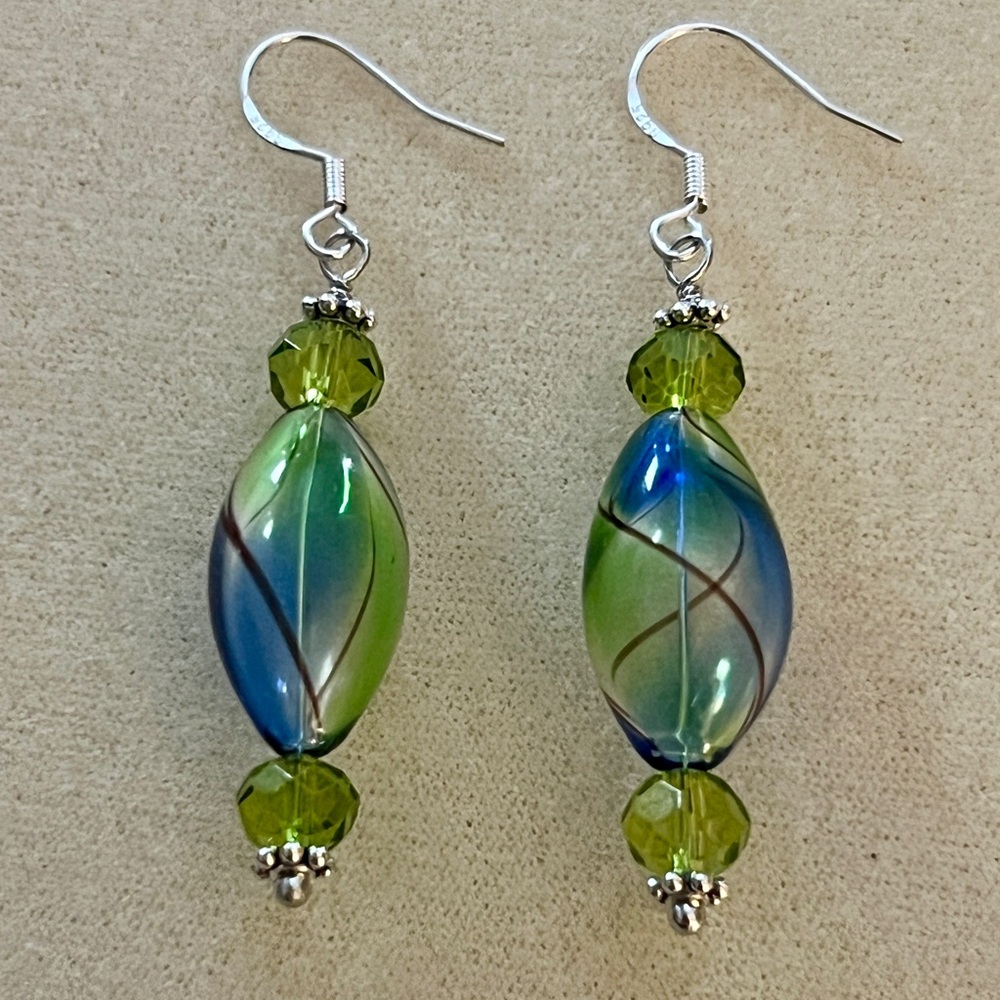 Intricate Green & Blue Swirl Blown Glass & Olive Green Crystal Dandle Earrings